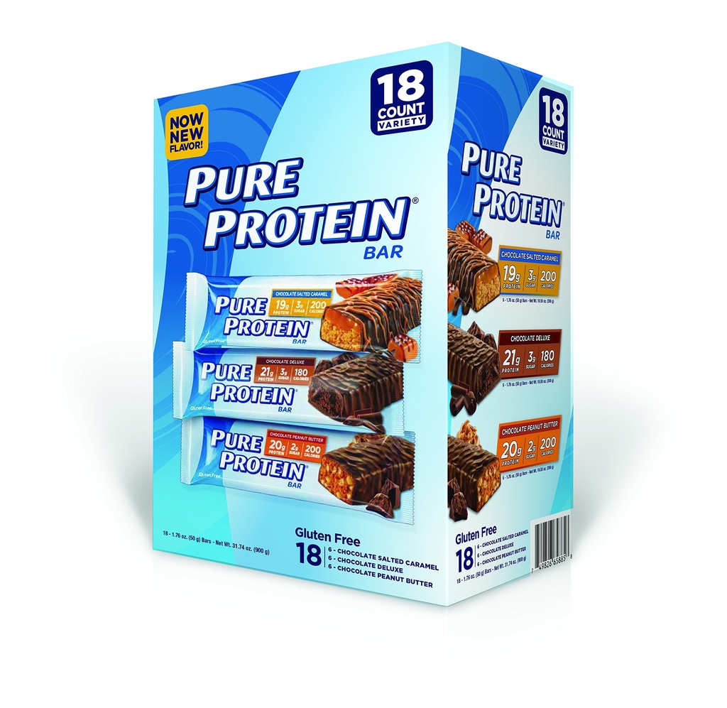 Pure Proteine Bar, Chocolade Pindakaas/gezouten Karamel/Chocolaat Deluxe, 18 Tellen