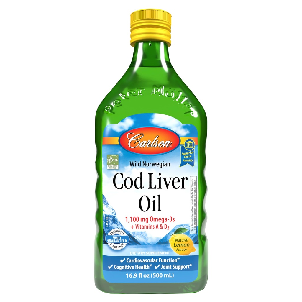 Carlson - kabeljauwleverolie 1100 mg Omega-3s Plus Vitaminen A & D3, Wild Caught Norwegian Arctic, Sustainablely Sourced Nordic Fish Oil Liquid, Citroen, 500 ml (16,9 Fl Oz)
