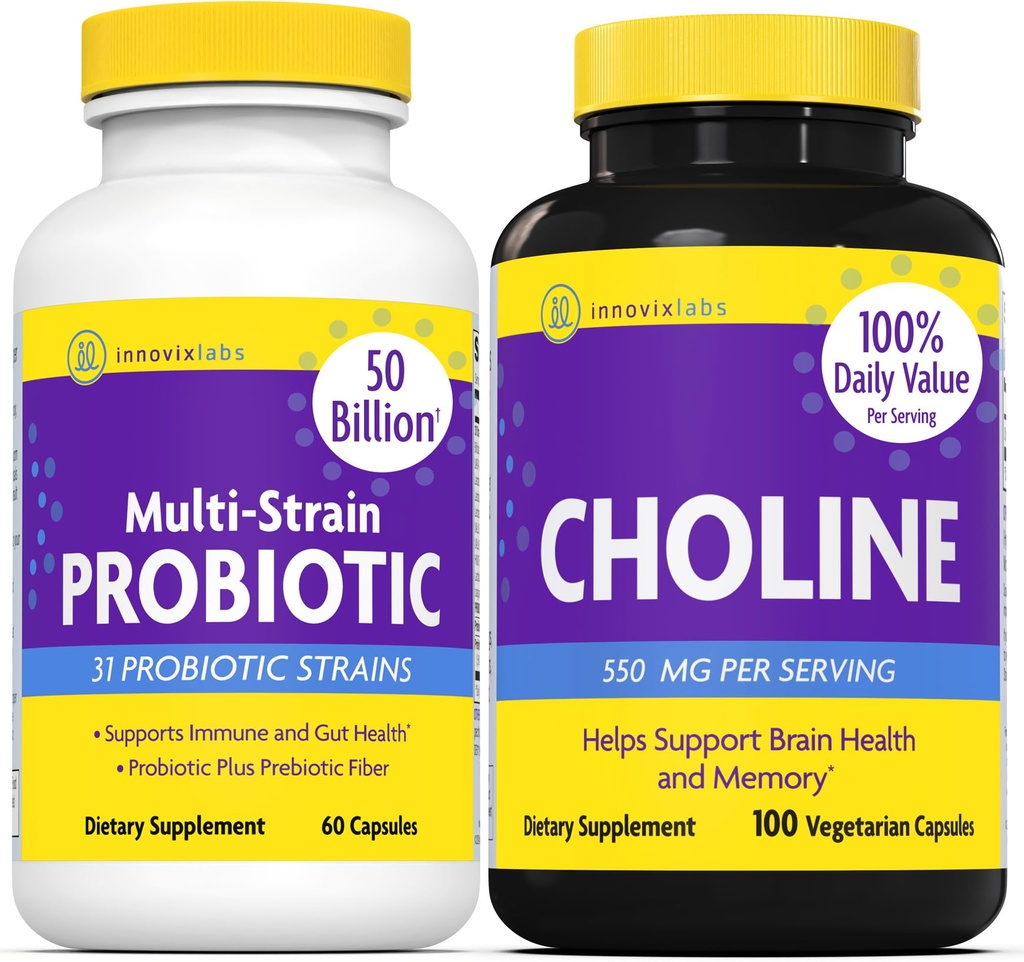 InnovixLabs Choline & Multi Probiotic Bundle Choline Bitrate 550 mg (100 capsules) Multi Strain Probiotica (60 capsules). Ondersteunt Memory, Mood, Brain Health & Boost Cognitive.*