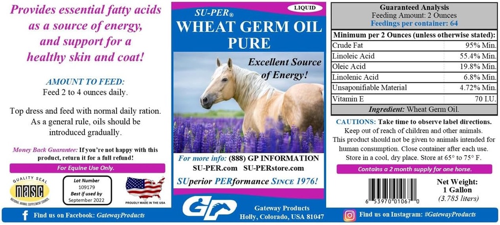 L'huile de germe de blé SUPER Pure pour chevaux - soutient l'énergie, l'endurance, l'endurance, la peau saine et le manteau - Acides gras essentiels, vitamines et minéraux - 1 Gallon + pompe, approvisionnement de 4 mois