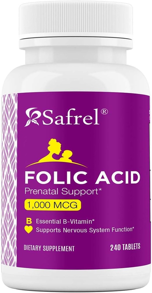 Safrel Foliumzuur 1000 mcg (1 mg) - Vitamine B9-240 Tabletten, essentiële prenatale en postnatale vitamine voor foetale ontwikkeling, rode bloedcelproductie, cel- en neurale ontwikkeling