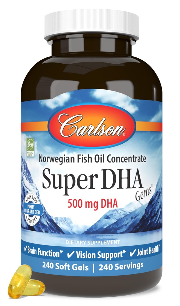 Carlson Super DHA Gems - 500 mg DHA Supplementen, 640 mg vetzuren, Noors Fish Oil Concentraat, Wild-Caught, Duurzaam Sourced Fish Oil Capsules, 240 Softgels