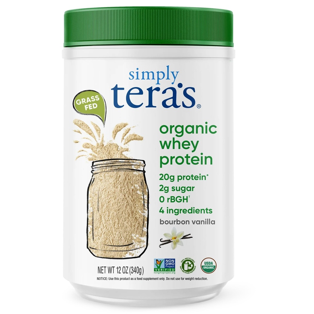 gewoon tera's Biologische Wei Proteïne Poeder - Gras Fed Vanille Wei Proteïne Poeder, Schoon, gemaakt zonder kunstmatige zoetstoffen, Niet-GMO, Kosher, rBGH-Free, Biologische - 12 Oz.