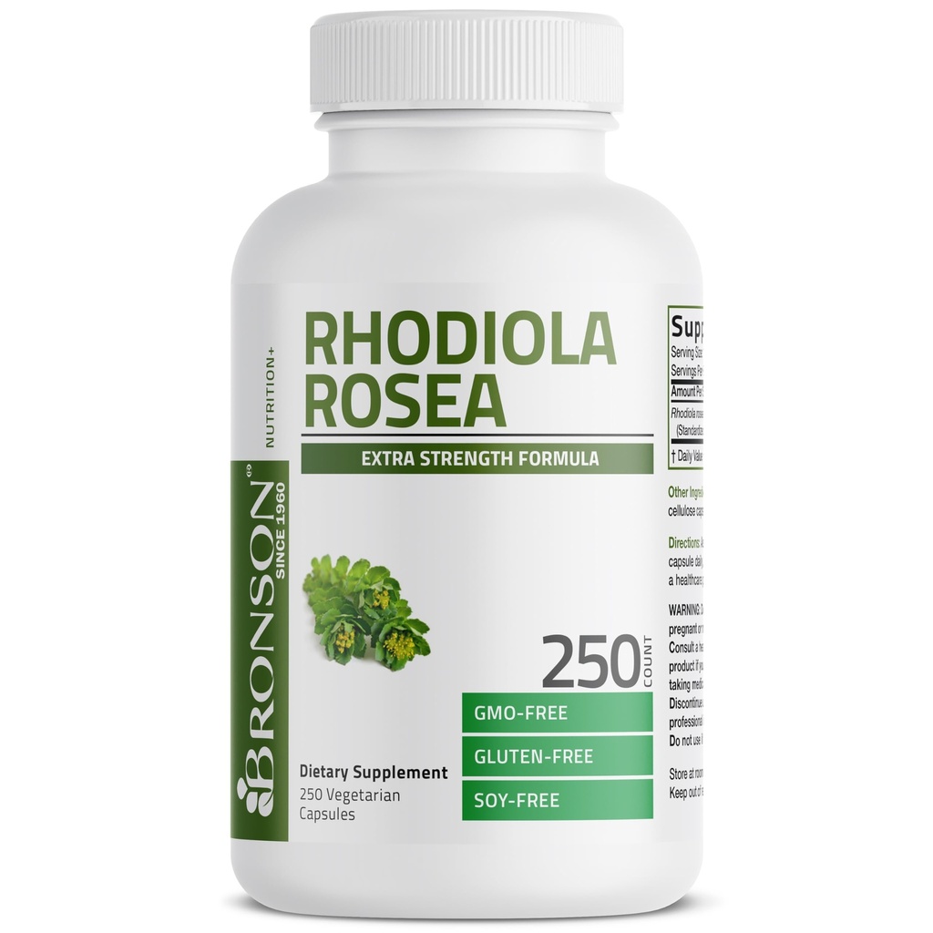 Bronson Rhodiola Rosea Capsules végétariennes - Herbe adaptogène - Soutien du cerveau, du stress et de l'humeur - Non-OGM, 250 Compte
