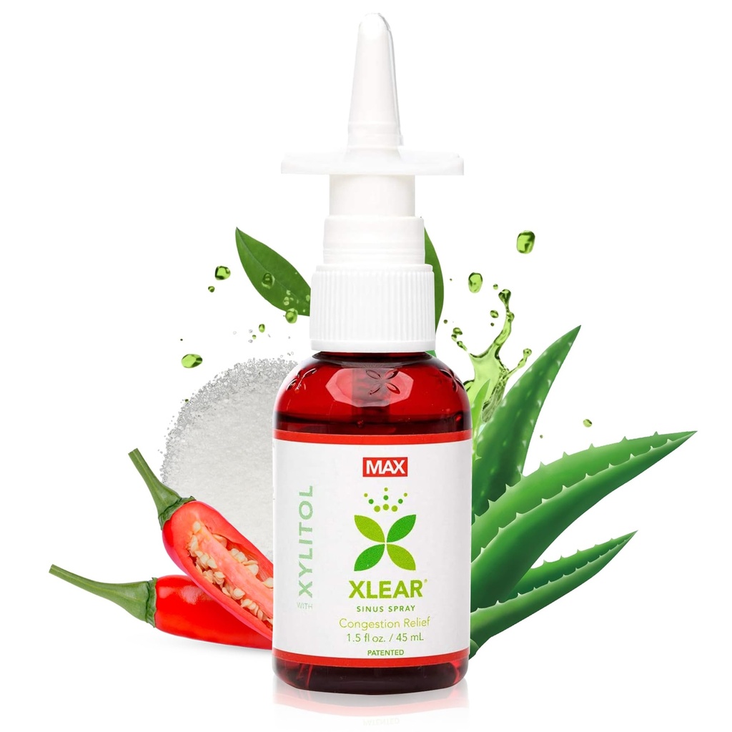 Spray nasal naturel Xylitol Saline Xlear avec Capsicum et Aloe - Agissant rapidement pour la pression sinusale, le dôngissant, les maux de tête, le nez sec, 1,5 fl oz (paquet de 1)