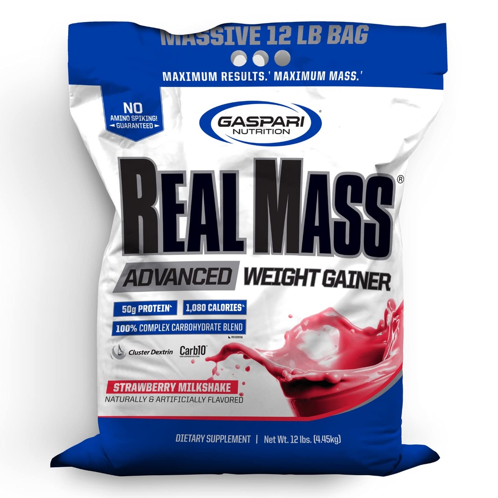 Gaspari Nutrition Masse réelle : gain de poids avancé, mélange de protéines et de glucides complexes, 50g de protéines, 16g d'AAE, sans gluten, 12 lbs (shake de lait de mûre)