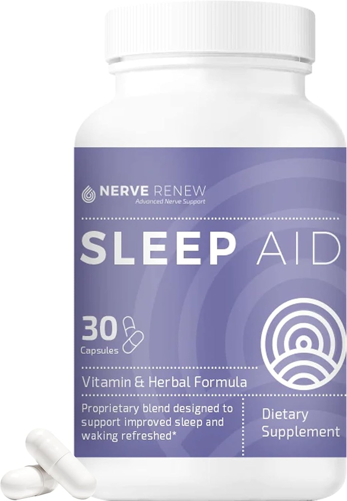 NERVE RENEW Slaaphulp - Dieetsupplement voor betere slaap - 30 capsules - werkt snel - Voorzichtige all-natuurlijke kruiden en vitamine Formule met Melatonine, Magnesium, Zink, Aminozuren, Herb Extracten