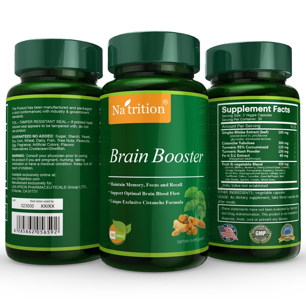 Natrition Brain Booster - Ginkgo Biloba, Kurkuma, Cistanche Tubulosa, Fo-ti Extract Blend - Natuurlijke Antioxidant Ondersteuning voor Hersenfunctie - Helderheid, Focus en Geheugen Verbeteren - 90 Veggie Capsules