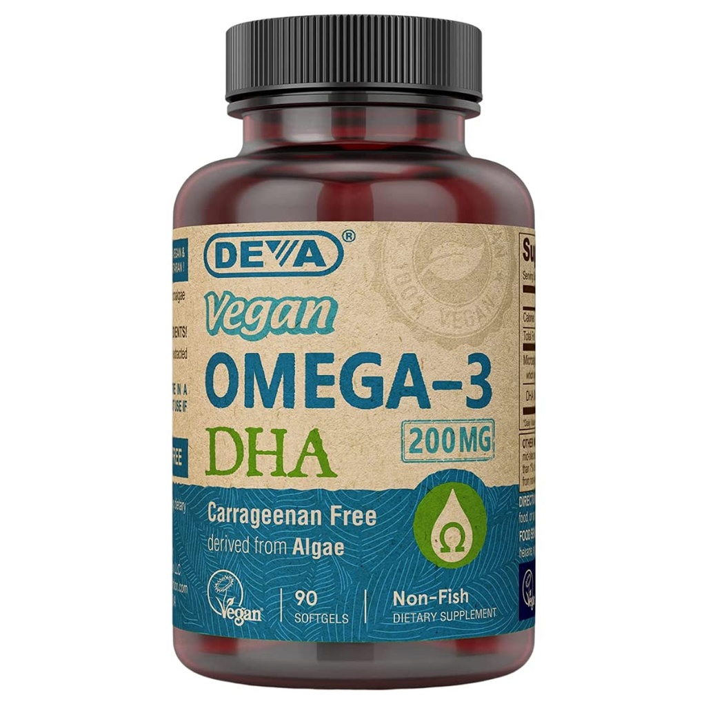 DEVA Vegan Omega-3 DHA-supplement, Once-Per-Day Softgel 200 MG, Carrageenvrij, Gelatinevrij, Non-Fish, Algenolie, Omega-3 Vetzuren - 90 Softgels