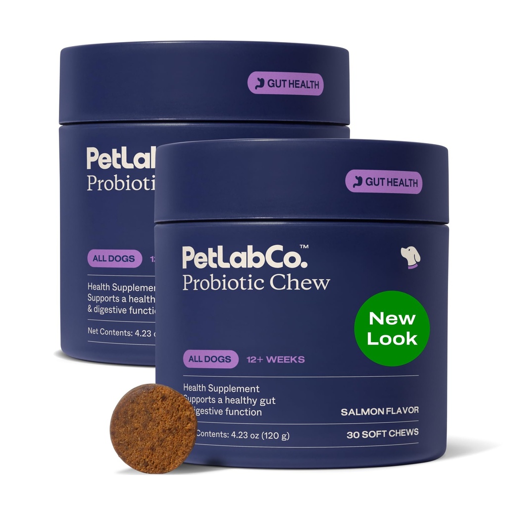 PetLab Co. Probiotica voor honden, Ondersteuning Gut Health, Af en toe diarree, Digestieve Gezondheid & Seizoensgebonden Allergieën - Zalm smaak - Verpakking mei Vary - 30 Zachte Kauwen Pack van 2