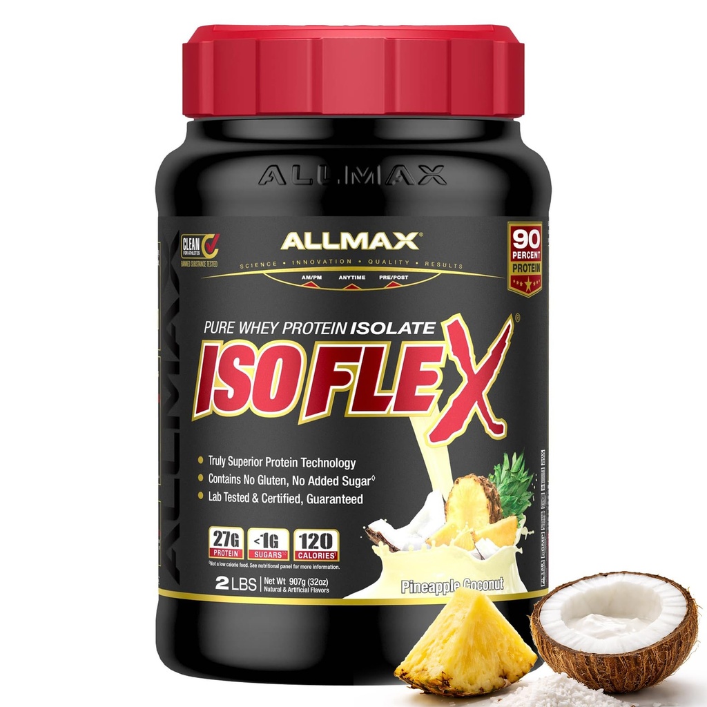 ALLMAX Nutrition ISOFLEX Isolation des protéines de lactosérum, noix de coco aux ananas - 2 lb - 27 grammes de protéines par scoop - Zéro gras et sucre - 99% Sans lactose - Sans gluten et sans soja - Environ 30 portions