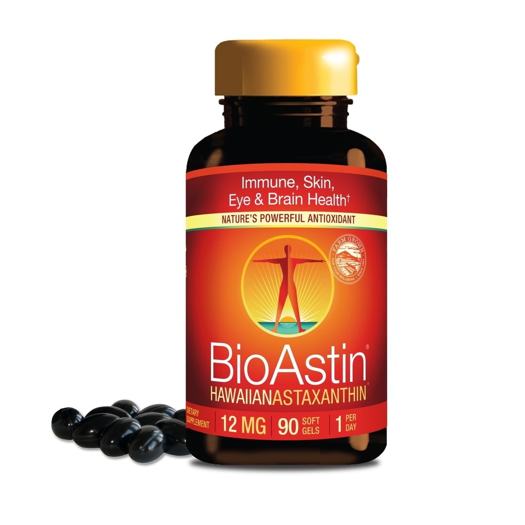 Nutrex Hawaï BioAstin Hawaiian Astaxanthin - 12mg, 90 Softgels - Farm-Direct Supplément antioxydant Premium pour soutenir la santé des yeux, de la peau, des articulations et du système immunitaire - Non-OGM et sans gluten