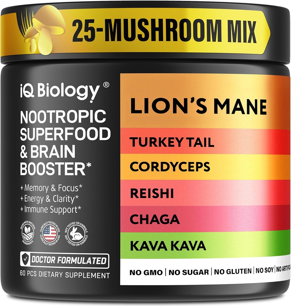 Kava Kava Root Cordyceps Lions Mane Reishi Mushroom Supplement, Nootrope Paddestoelen Capsules Kava Kava Extract, Paddestoelen Vitaminen voor Vrouwen, Ashwagandha, Magnesium - 60 Caps (1 Pack)