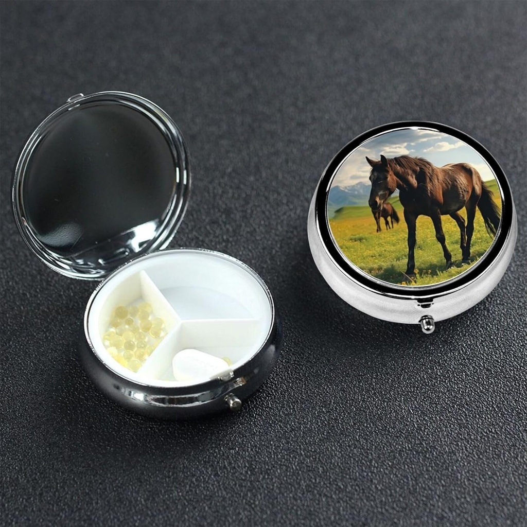 Pill Case Pill Box met spiegel kleine pil Organizer 3 Compartiment Grazing Wild Horses Roud Travel Pillbox voor Purse of Pocket Portable Pill Container Cute Medicine Organizer