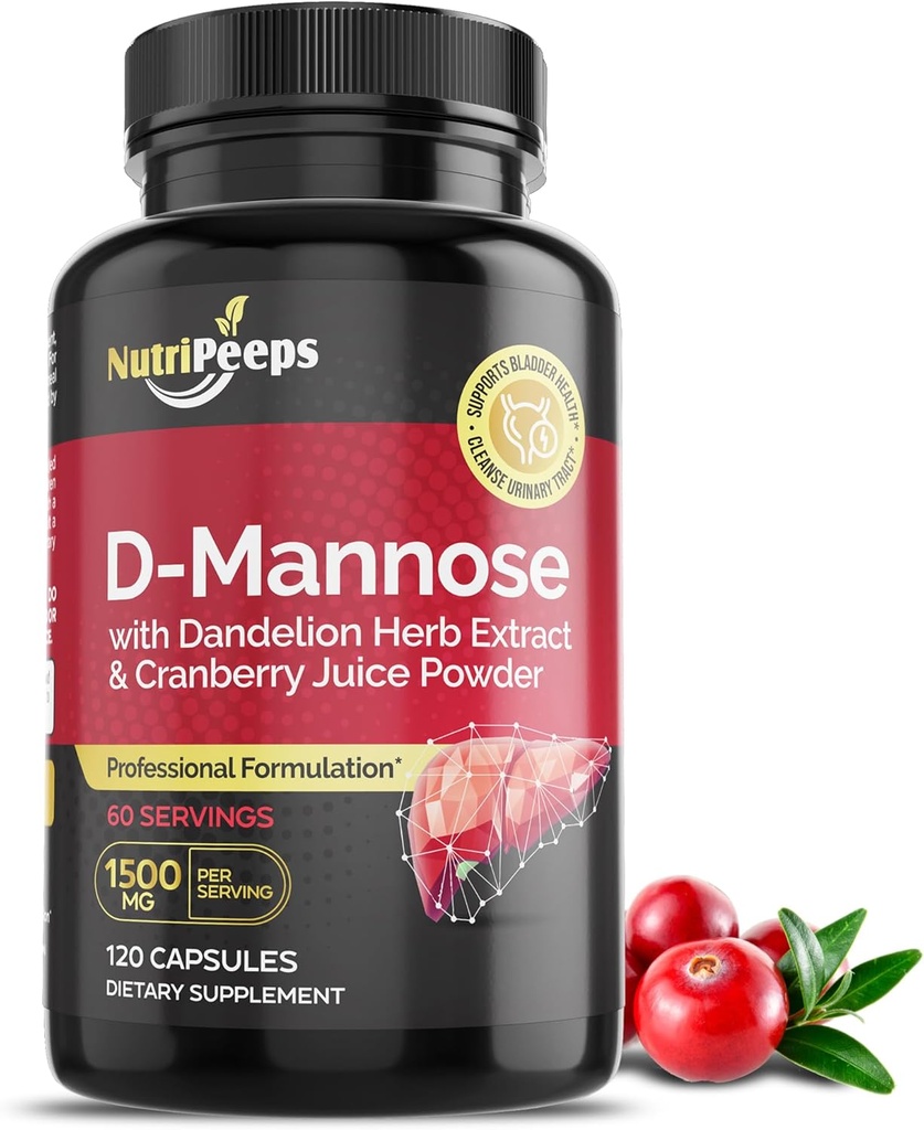 D-Mannose 1500mg, 120 Capsules met Dandelion Herb en Cranberry Extracten, Natuurlijke Urinaire Tract Reiniging voor UTI Ondersteuning, Flushing en Ontgifting van Onzuiverheden, voor mannen en vrouwen.
