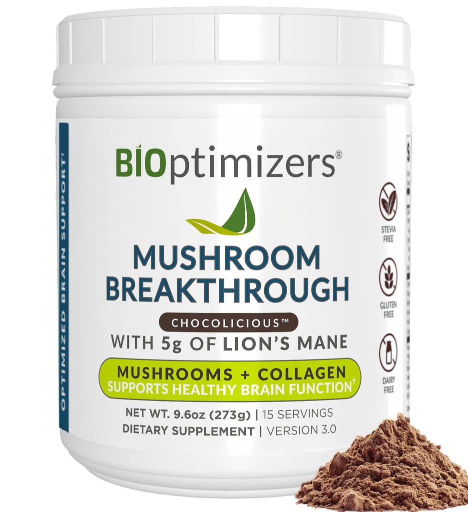BIOptimizers Coffee Alternative de champignons – Boissons chocolatées – Lion, Chaga, Reishi + Collagen Peptides pour Focus, Energy & Gut Health – Champignons adaptogènes et poudre MCT – 15 portions