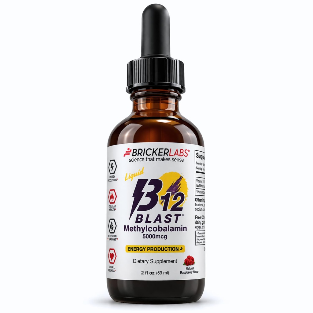 Bricker Labs B12 Blast Methylcobalamine 5000mcg, Great Proasting Sublingual Liquid Energy Vitamins - Vegan B12 Vitamines, Sustained Energy and Cellular Health Supplement - 59-Day Servings