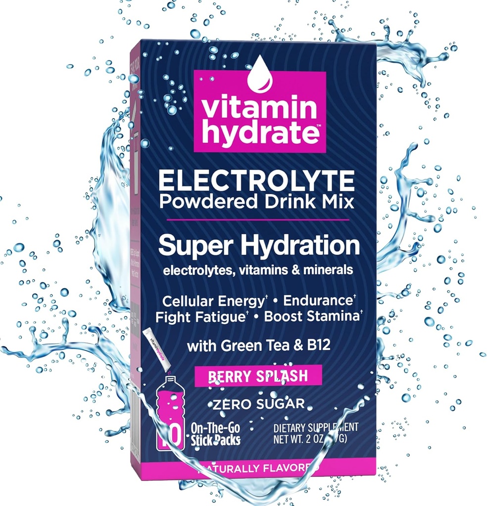 Vitamine Hydrate Electrolyte Poederd Drink Mix, Super Hydration, Boost Stamina & Fights Moeheid, Bursting with Electrolytes, Vitamines & Minerals, 0 Sugar, Berry Splash, 10 Stick Packs