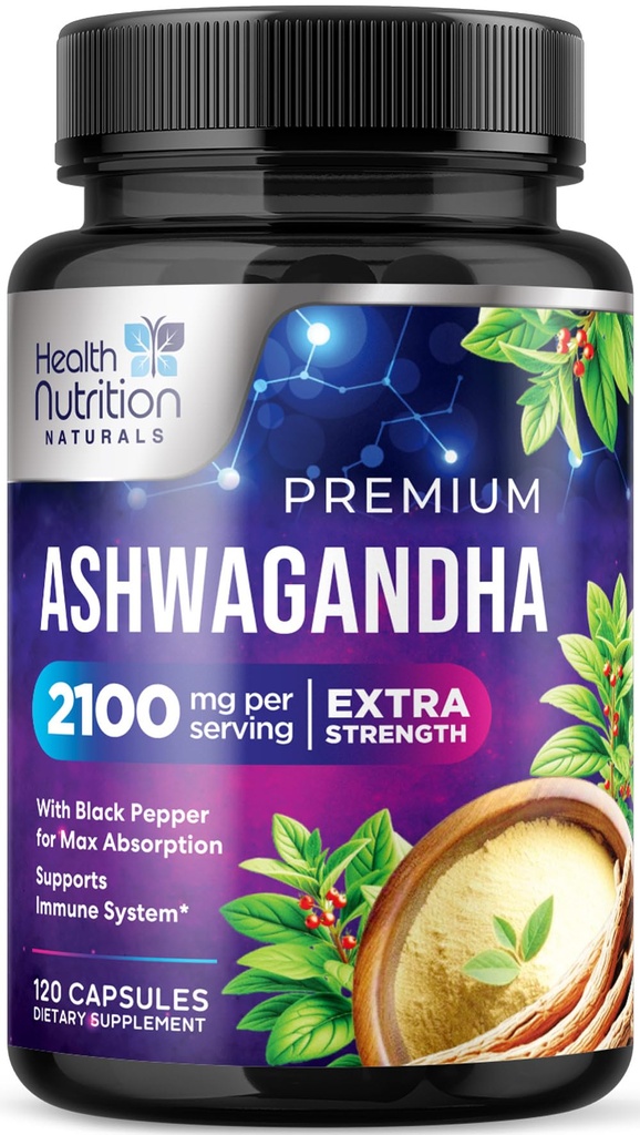 Ashwagandha-supplementen - 2100mg Ashwagandha-capsule voor vrouwen en mannen, natuurlijke antioxidantenondersteuning, Ashwa-wortelextract, extra sterkte Kalme ondersteuning met zwarte peper, veganistisch en glutenvrij - 120 capsules