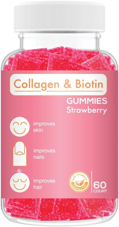 Collageen Biotin Gummies - Ondersteunt haar, huid & Nails Haargroei Anti Veroudering Zorg Kauwbare Gummy Vitaminen, Veganistisch, Non-GMO, Glutenvrij, Gelatine Aardbei Smaak 60 Tellen, Roze