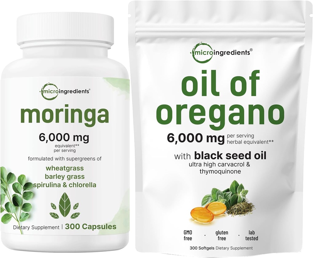 Micro Ingrediënten Olie van Oregano Softgels 300 Graaf & Moringa Oleifera 6.000 mg Equivalent 300 Capsules Bundle 2 Pack 