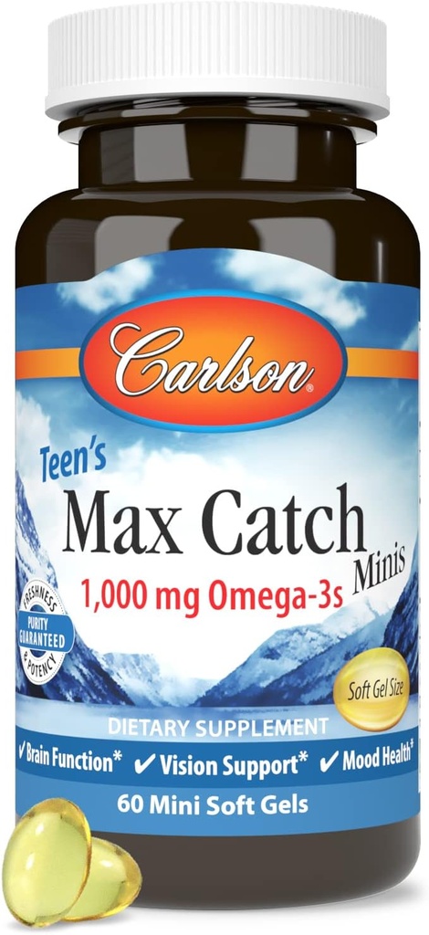 Carlson - Tieners Max Catch Minis, 1000 mg Omega-3s, Brain Health, Vision Support, Mood Health, 60 Softgels