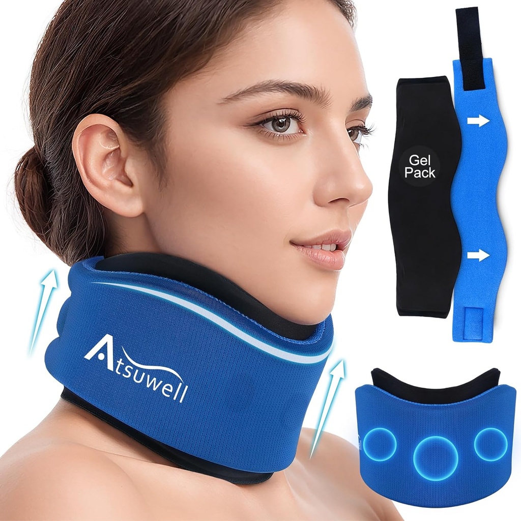 Atsuwell Neck Brace voor Slapen, Zachte Cervical Collar voor Ondersteuning, verstelbare nek ondersteuning Brace met warme koude gel Packs Herbruikbaar voor Office Pressure, vermoeidheid, blauw
