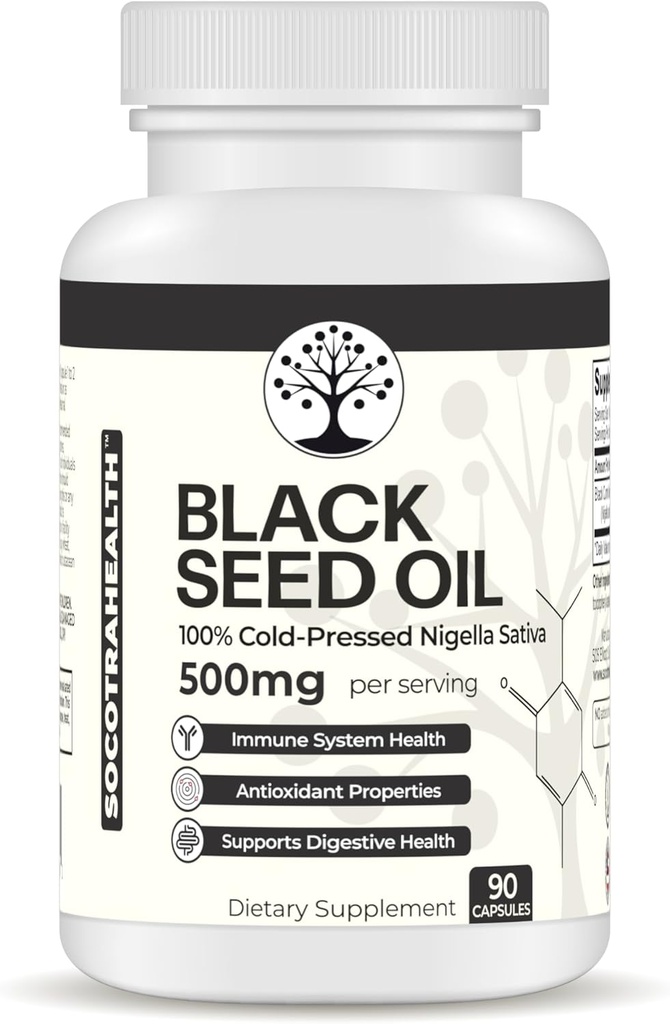 Huile de graines noires - 100% Cumin noir Nigella Sativa pressée par le froid - Antioxydant, immunitaire et système digestif support - Non-OGM, sans gluten - 500 mg par portion - 90 capsules végétaliennes