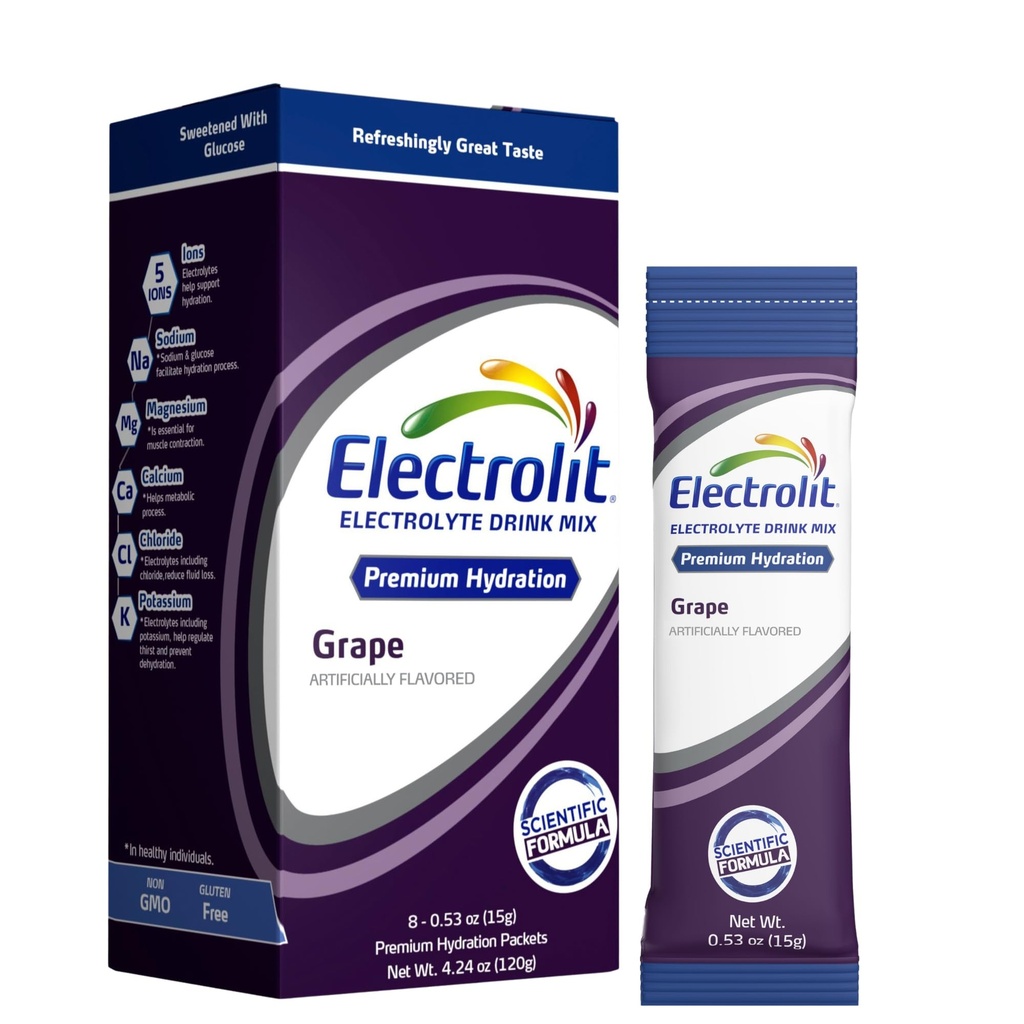 Electrolit Electrolytes Poederverpakkingen, Grape 8 Pack, Poederd Hydration Packets voor Dehydratie en Rehydratatie, Post Workout Flavored Hydrating Drink Mix, Gluten Gratis Dagelijkse Water Enhancer Sticks