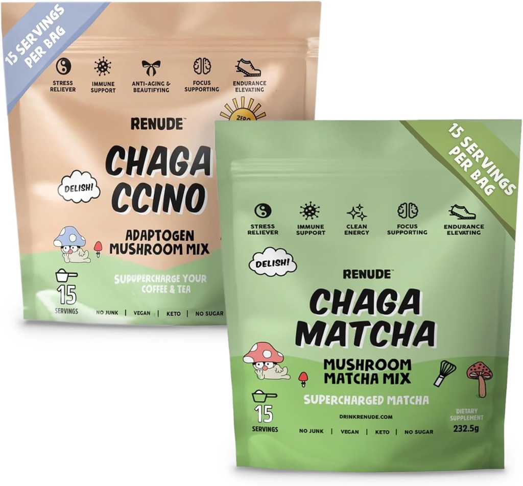 Renude Chaga Matcha et Chagaccino - Poudre de champignons Chaga pour café et Matcha, Mélange de champignons avec adaptogènes, énergie naturelle et soutien immunitaire, végétalien, kéto - 15 portions