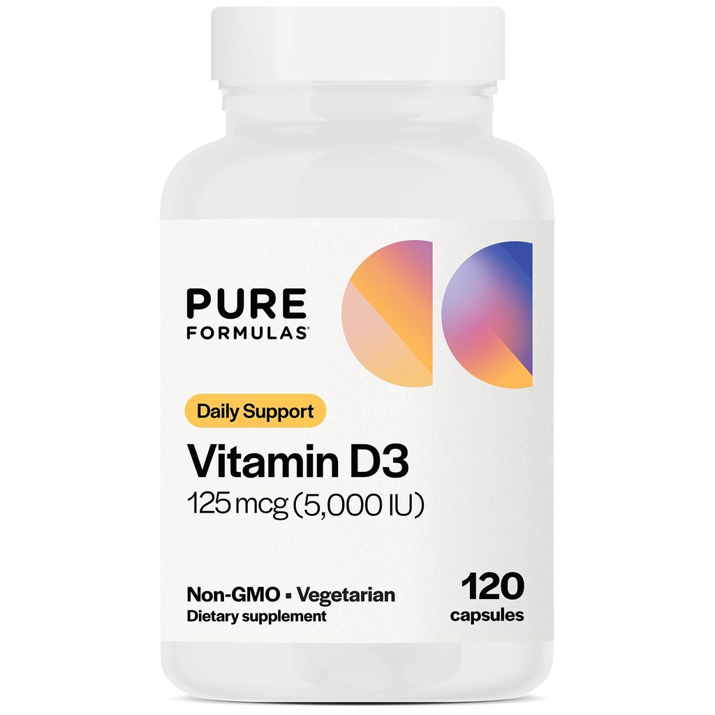PureFormulas Vitamin D3 5.000 IE 125 mcg - Pure Vitamin D Supplement voor gezonde botvorming, tanden, cardiovasculaire gezondheid en Immune Support Non-GMO - 120 Graaf Vegetarische Capsules