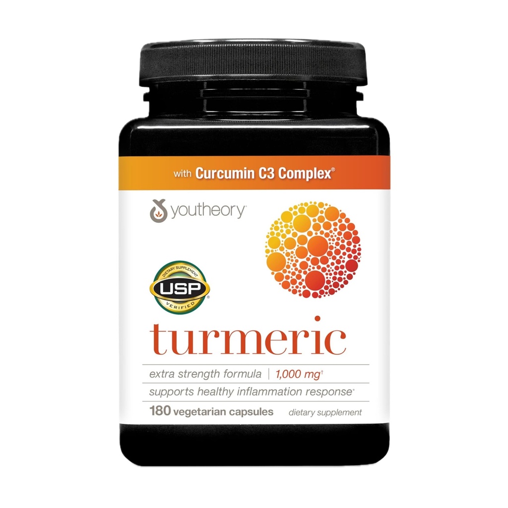 Youtheory Turmeric Extra Strength - Supplément de 1 000 mg Turmeric - avec 10 mg de poivre noir - Curcumin Joint Support* - Soy, lait et sans gluten - 180 capsules végétariennes