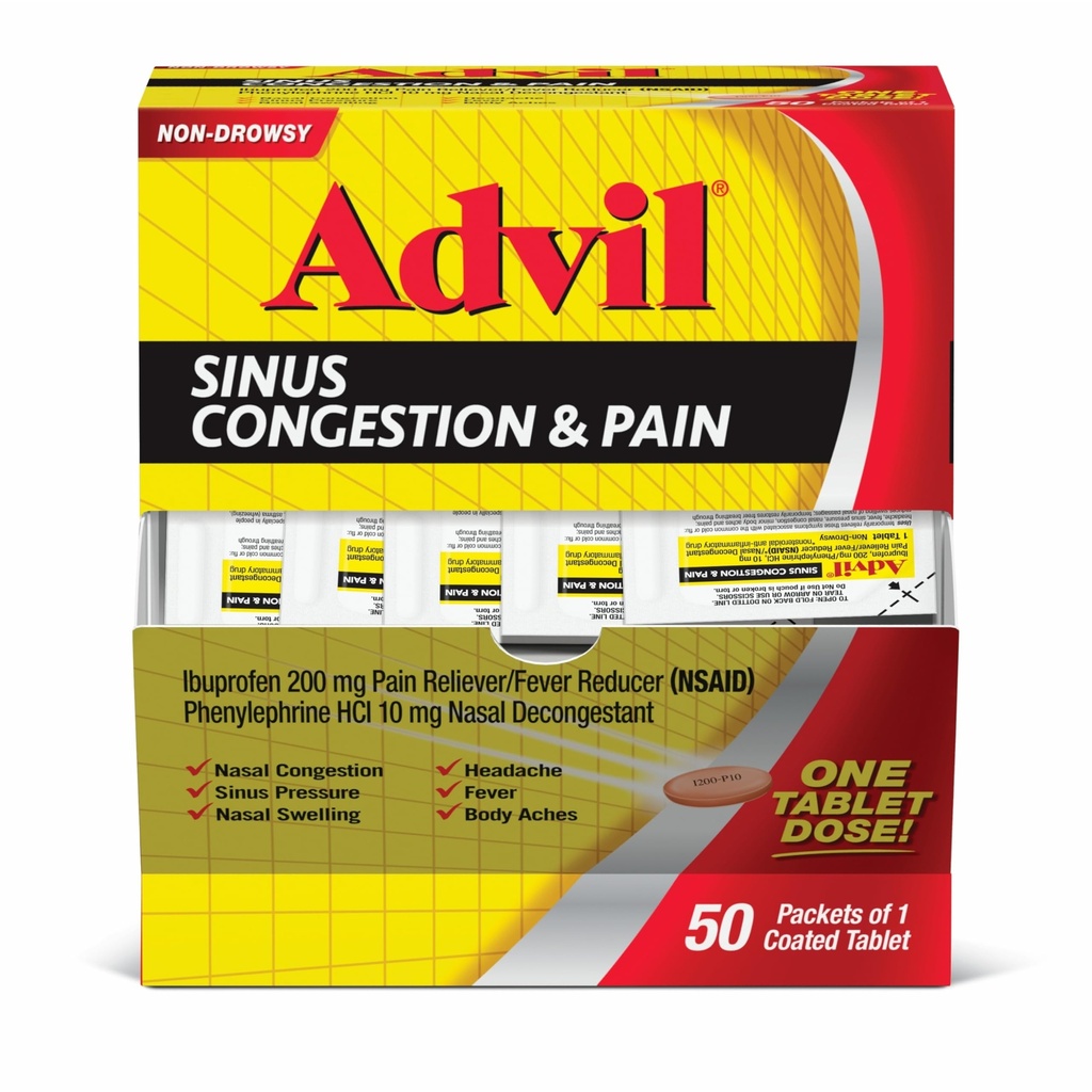 Advil Sinus Congestion et douleur, Sinus Relief Medicine, analgésique et réducteur de fièvre avec Ibuprofène et Phénylephrine HCl - 50 comprimés enrobés