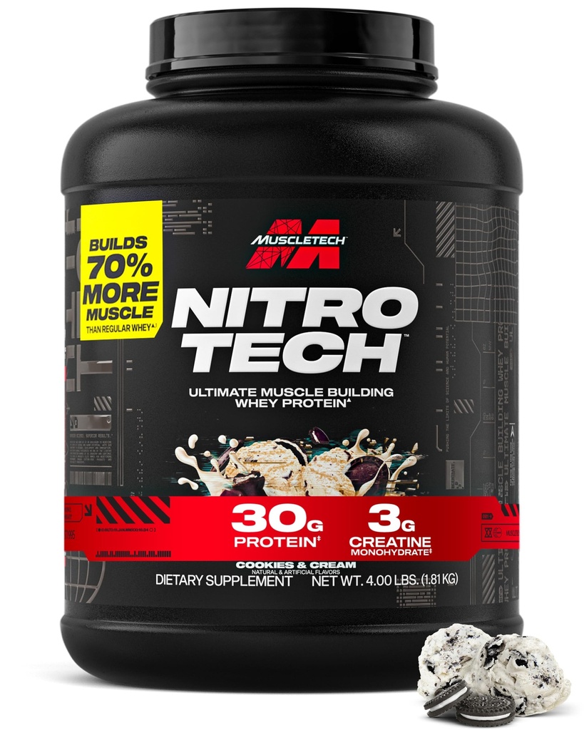 Muscletech Wei Protein Powder (Cookies & Cream, 4 Pond) - Nitro-Tech Ultimate Muscle Building Formula with Whey Protein Isolaat - 30g of Protein, 3g of Creatine & 6.8g of BCAA - Packaging May Vary