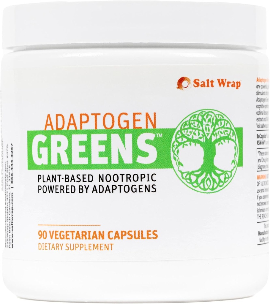 SaltWrap Adaptogen Greens - Mind-Body Resilience Formula - Cafeine-Free Nootropic for Stress, Focus, and Cognitive Performance - 90 Capsules