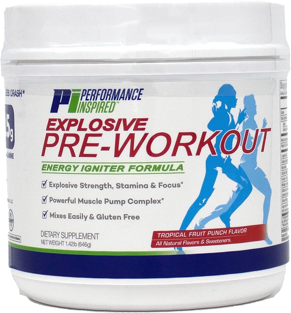Prestaties geïnspireerde voeding PreWorkout Powder - All Natural - G-Free & Vegan Formula - Bevat Citrulline - Nitrosigine - Green Tea - Arginine - Beta Alanine - Tropical Fruit Punch - 32 porties