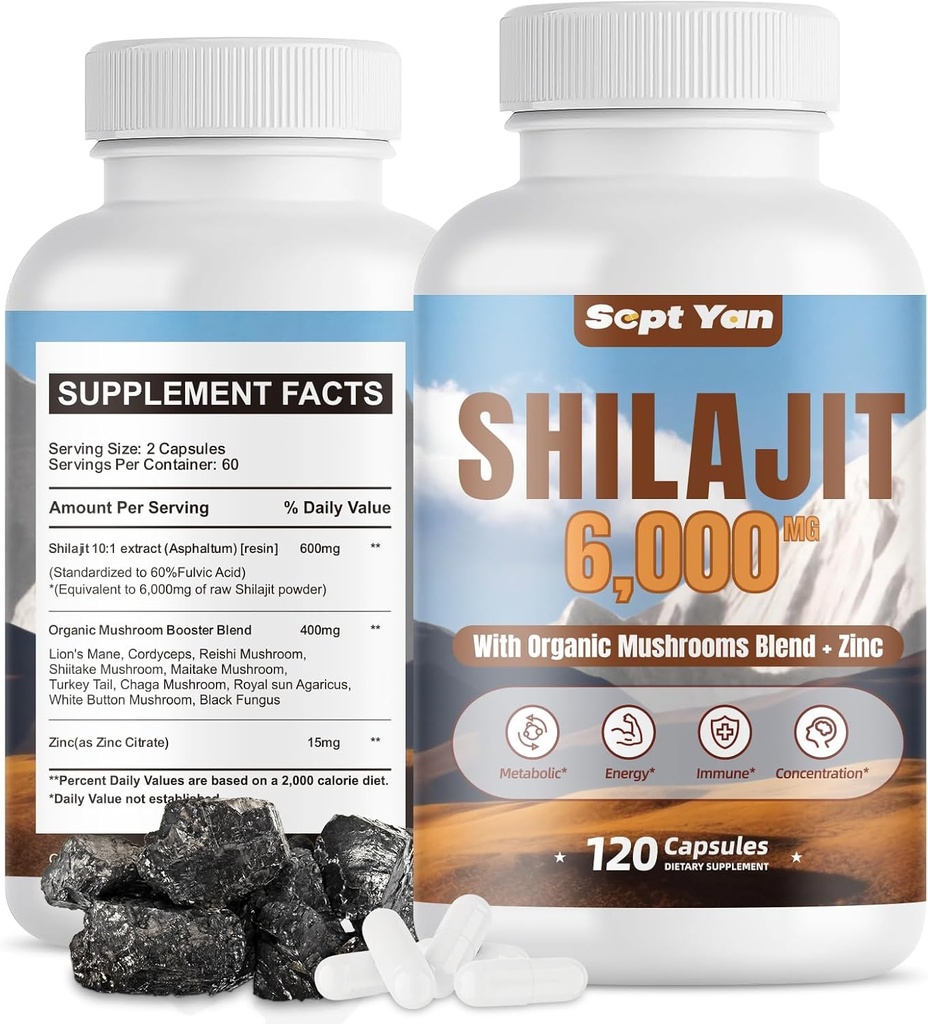 Shilajit Himalaya Capsules - Pure Himalaya Organic Supplement with Paddenstoelen Blend, Zink - 2 maanden Supply for Strength, Stamina, Brain & Immune Health - Shilajit for Women & Men 120 Count Vegan