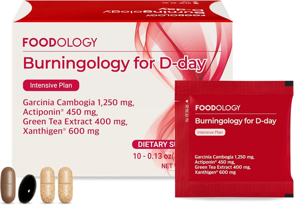 FOODOLOGY Burningology D-Day, Appetite Suppressant voor vrouwen en mannen, Boost Mood, Ondersteuning gewichtsverlies en brand Calorieën, Garcinia Cambogia Supplement, Green Tea Extract - 10 Packets