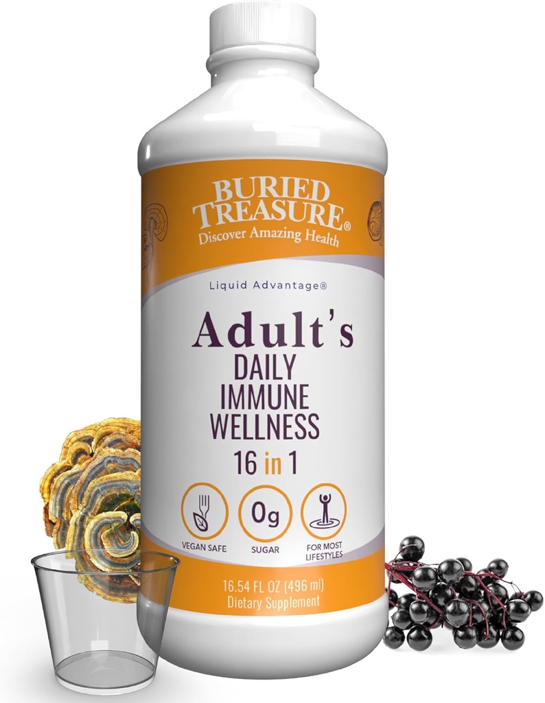 Buried Treasure Adult Daily Immune Wellness, 16oz with Dose Cup, Elderberry Echinacea VIT-C Zinc, Mushroom Blend, Natural Immune Booster