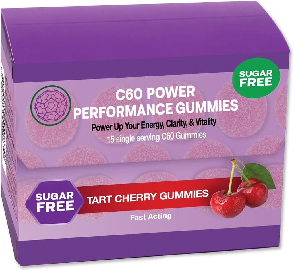 C60 Power Gummies, 1 Doos van 15 Serves Suikervrije Tart Cherry - 99,99% Pure, gesublimeerde C60Carbon Fulmerenes en Biologische Kokosolie, Made in The USA, Ondersteunt energie &amp; geestelijke helderheid