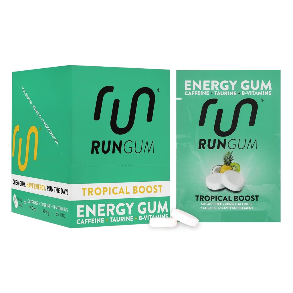 RUN GUM Tropical Boost Energy Chewing Gum 50mg Cafeïne Taurine & B-Vitaminen per stuk, 24 stuks (verpakking van 12) Suikervrij, Zero Calorie, Geen Aspartaam, en Glutenvrij, 1 ea
