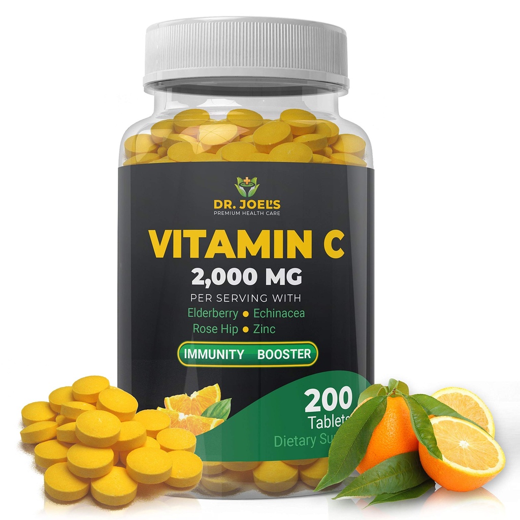 Dr. JOEL'S Immune Support Vitamine C 2000 mg - 200 tabletten - met zink, vlierbessen, rozenbottel, echinacea - Boosts Immune System- Made in USA