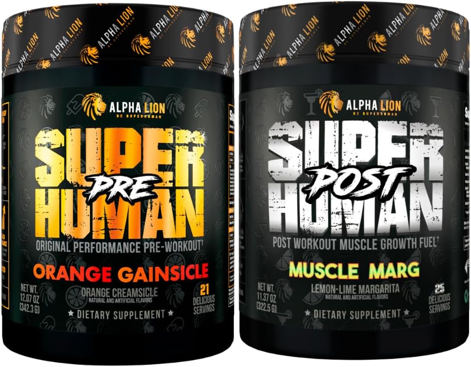 ALPHA LION Superhuman Pre Workout Powder & Post Workout Recovery Bundle, Sustained Energy & Focus + Lean Muscle Growth, Strength & Volume (Hulk Juice & Gany Smith Apple)