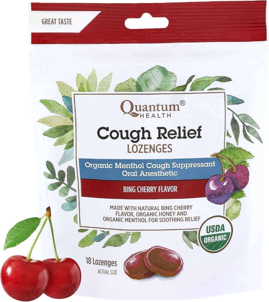 Quantum Health USDA Toux biologique gouttes de menthol et de miel Gorge Lozenges - Apaisant Bing Cherry Déprimant aromatisé - Sec Bouche & Mal Gorge Relief pour Adultes & Enfants - 18 Compte