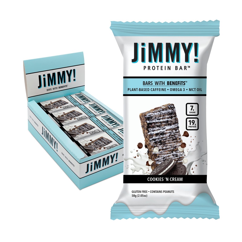 JiMMYBAR! - Cookies N Cream Proteïne Bars 19g Proteïne Bar - 7g Low Sugar - 12 Telling - 58g Health Bars - Functionele snack met echte voedsel ingrediënten - Handgedrizzled Chocolade - Gemaakt met echte pinda's