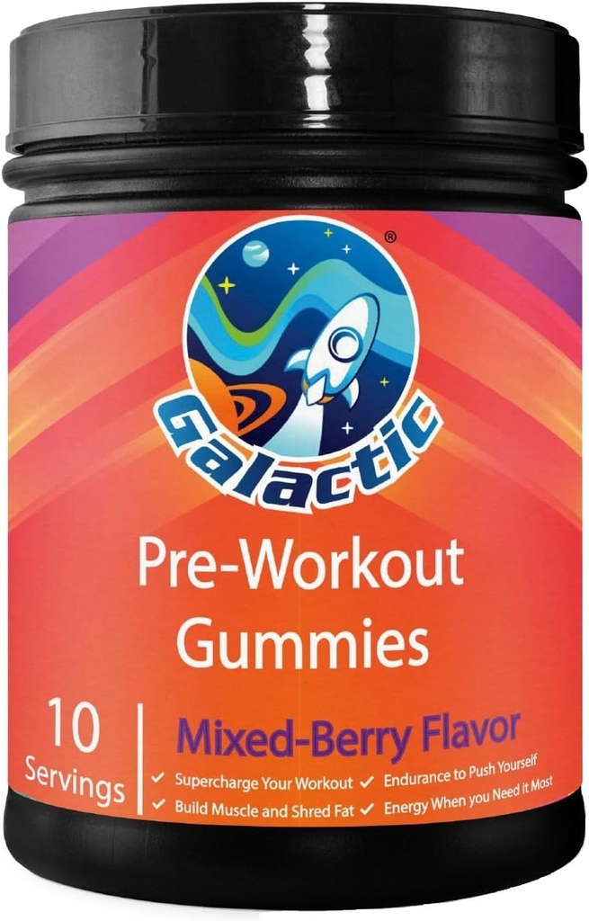 Galactic Pre-Workout Gummies, All Natural, 250mg Cafeïne, Beta-Alanine, L-Citrulline, L-Theanine, Chroom Picolinaat, 10 porties