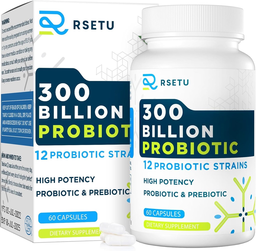 Probiotica voor vrouwen Mannen: 300 Biljoen CFU Probiotic High Potency + 12 Strains Biologische Probiotica met Prebiotica, Dagelijks Probiotic Supplement voor Digestief, Gut, Immune en Bloating Health, 60 Capsules