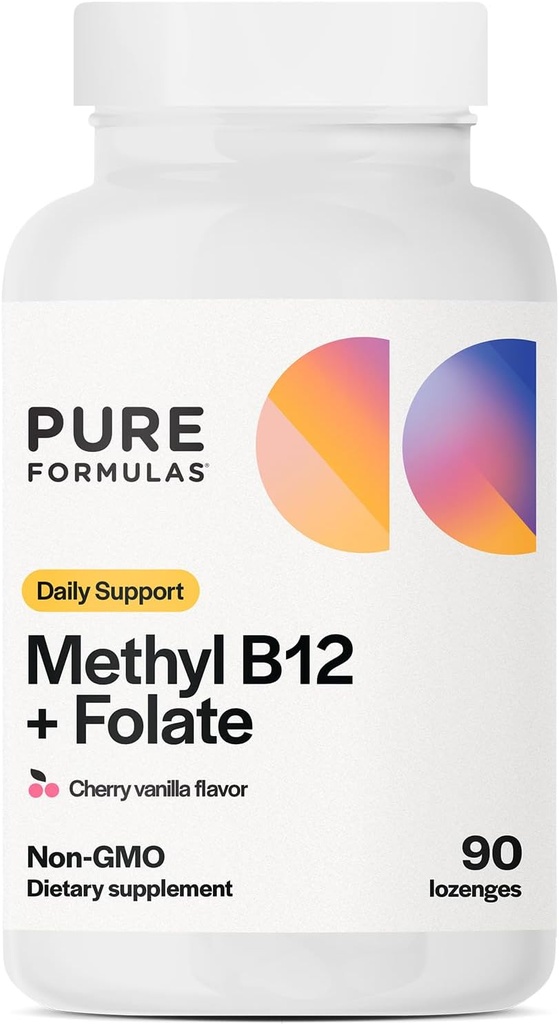 PureFormulas Methyl B12 + Folate Supplement, 1000 mcg Gemethyleerd B12 Supplement, 665 mcg Folate, Cherry Vanilla Flavor, Gemethyleerd Vitamine B 12 - Non-GMO, 90 Lozen