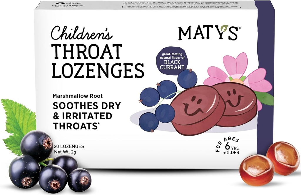 Matys Kids Throat Lozenges voor leeftijden 6 jaar oud +, smakelijke zwarte aalbessensmaak, Soothe Dry & Irritated Throat & Voices with Marshmallow Root, Sugar Free, Vegan, Dye Free, Alcohol Free, 20 Tellen