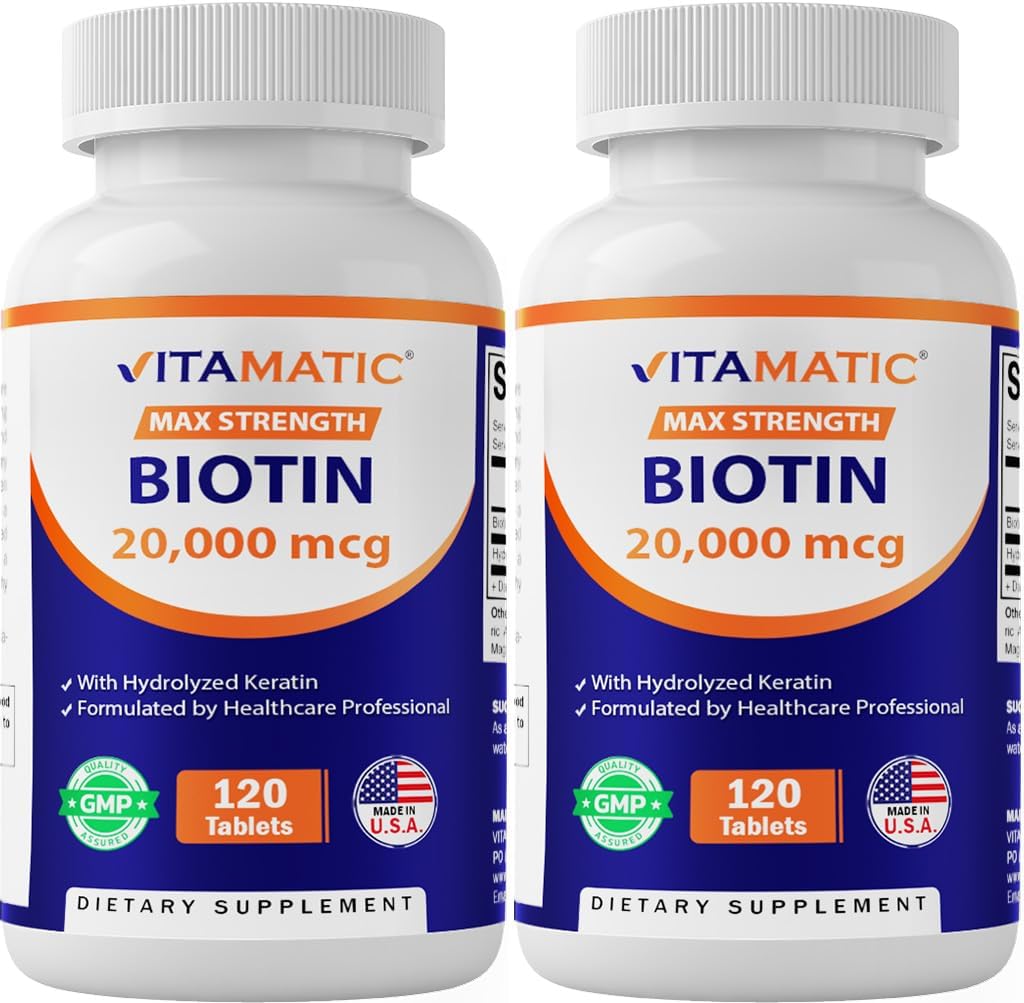 Vitamatic High Potency Biotin 20000 mcg (20mg) met Keratine 100mg - 120 Vegetarische tabletten - Biotine Supplementen voor gezonde haarhuid & Nails voor volwassenen (120 Tellen (Pack of 2))